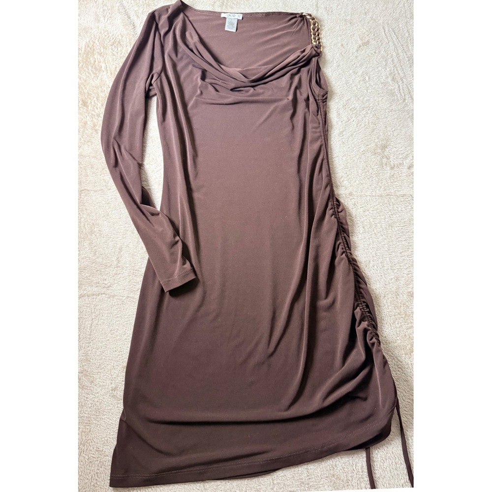 Cache Brown One Shoulder Chain Strap Ruched Mini Dress Asymmetrical S Club